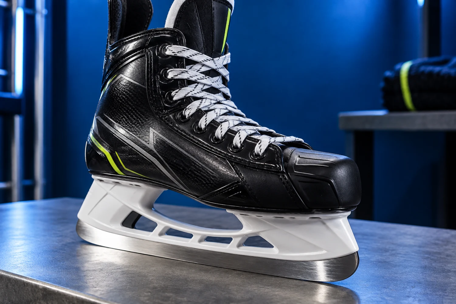 Illustrative hockey skate and blade on a workbench