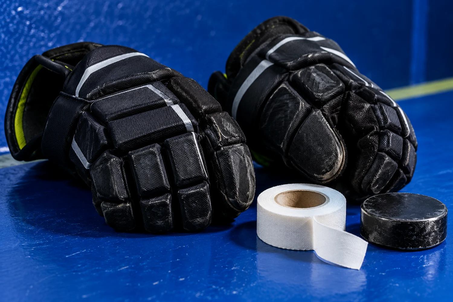Illustrative hockey gloves, puck and tape