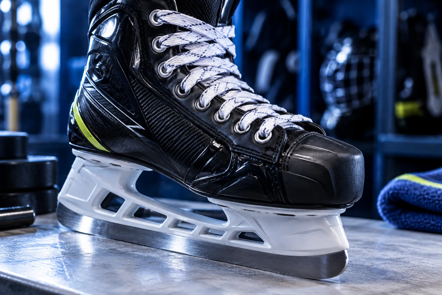 Illustrative hockey skate lacing and blade assembly