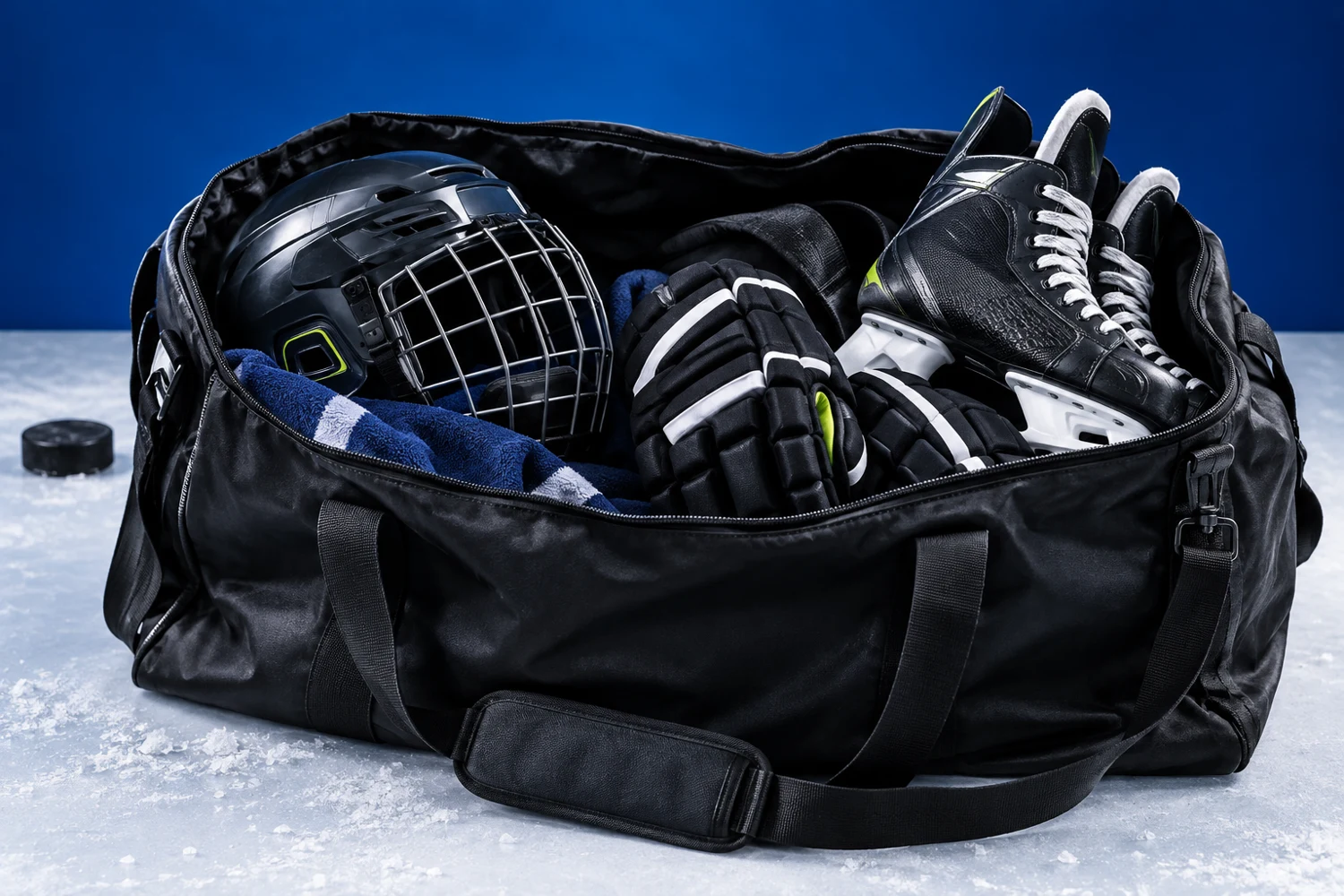 Illustrative hockey equipment bag with helmet, gloves and skates